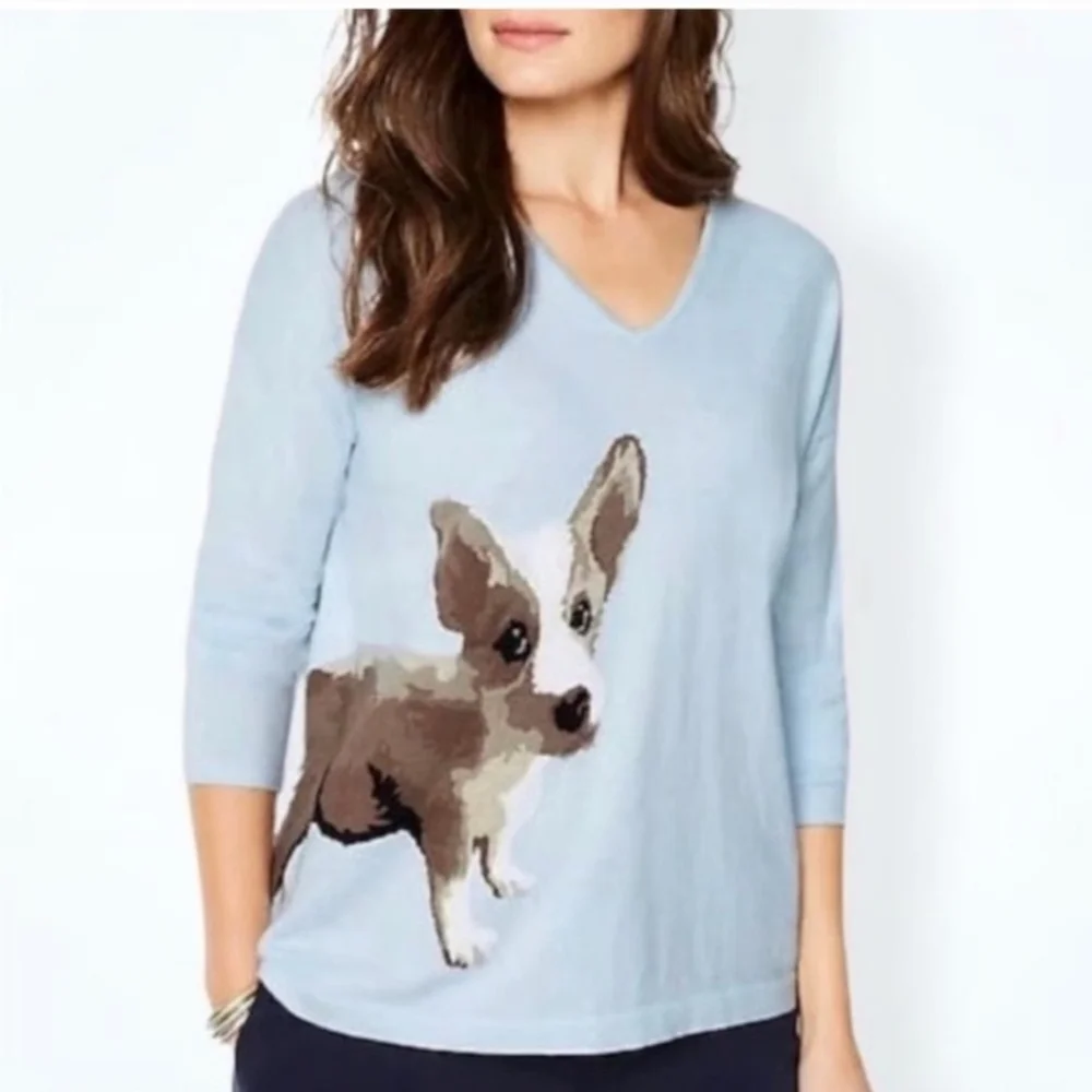J. Jill Light Blue Dolman V Neck Sweater Corgi Dog Sz Large